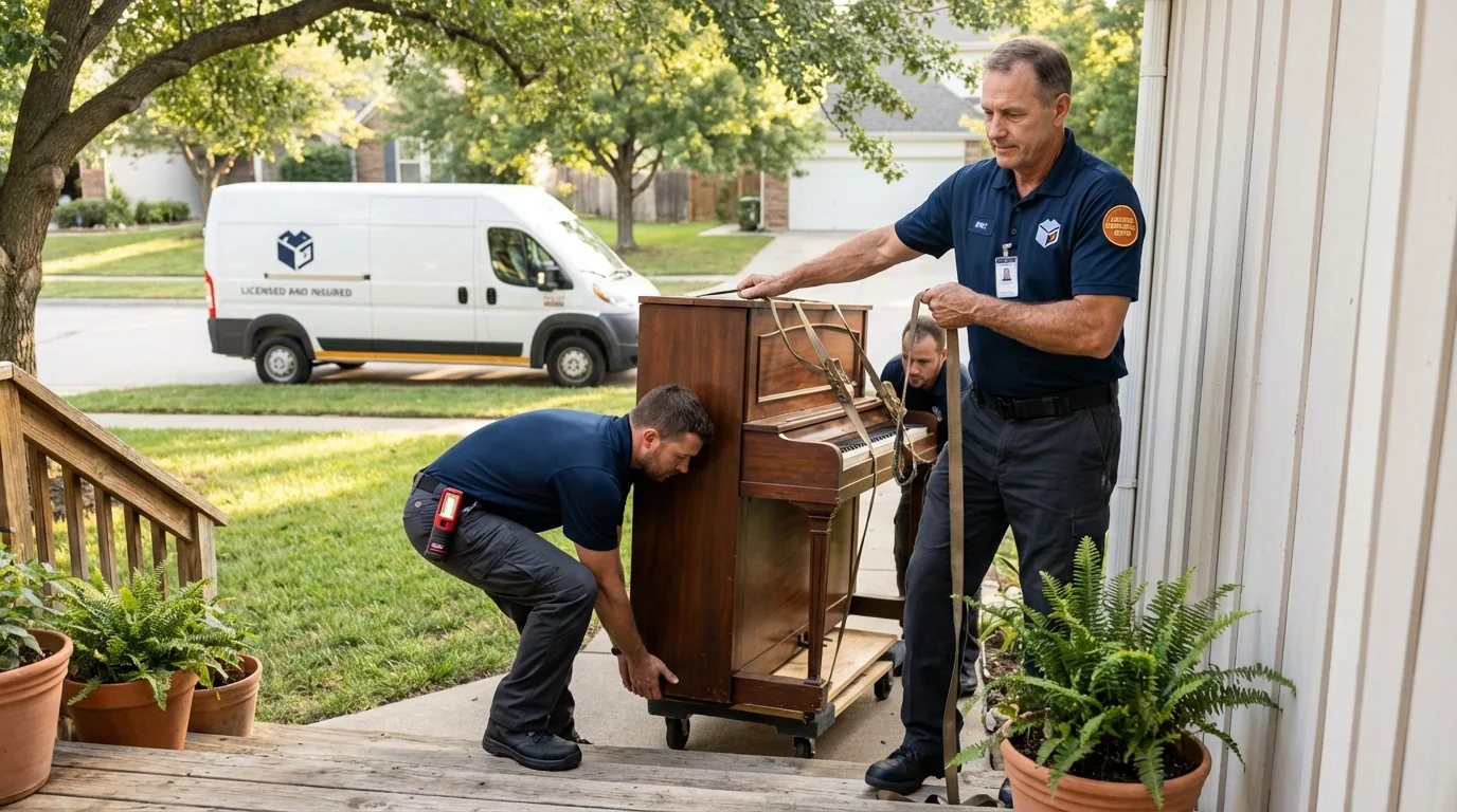 Licensed piano movers securing grand piano in Arcanum, OH