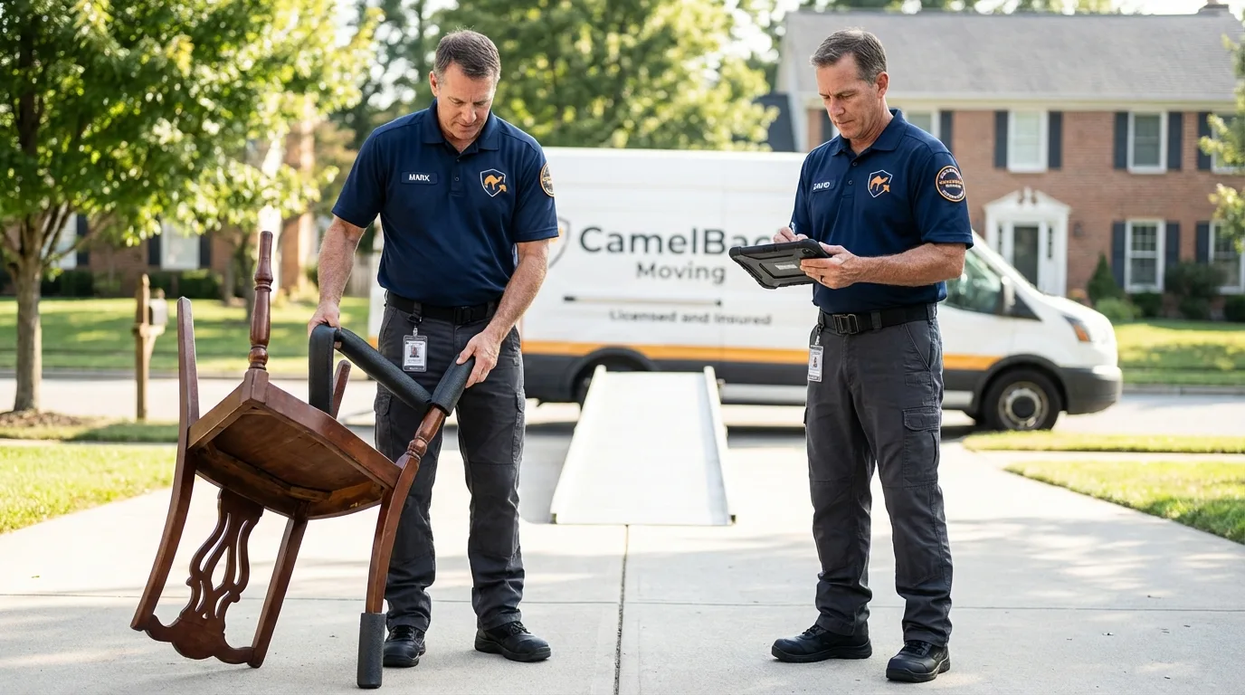 Movers inspecting furniture for damage prevention before loading in Arcanum, OH