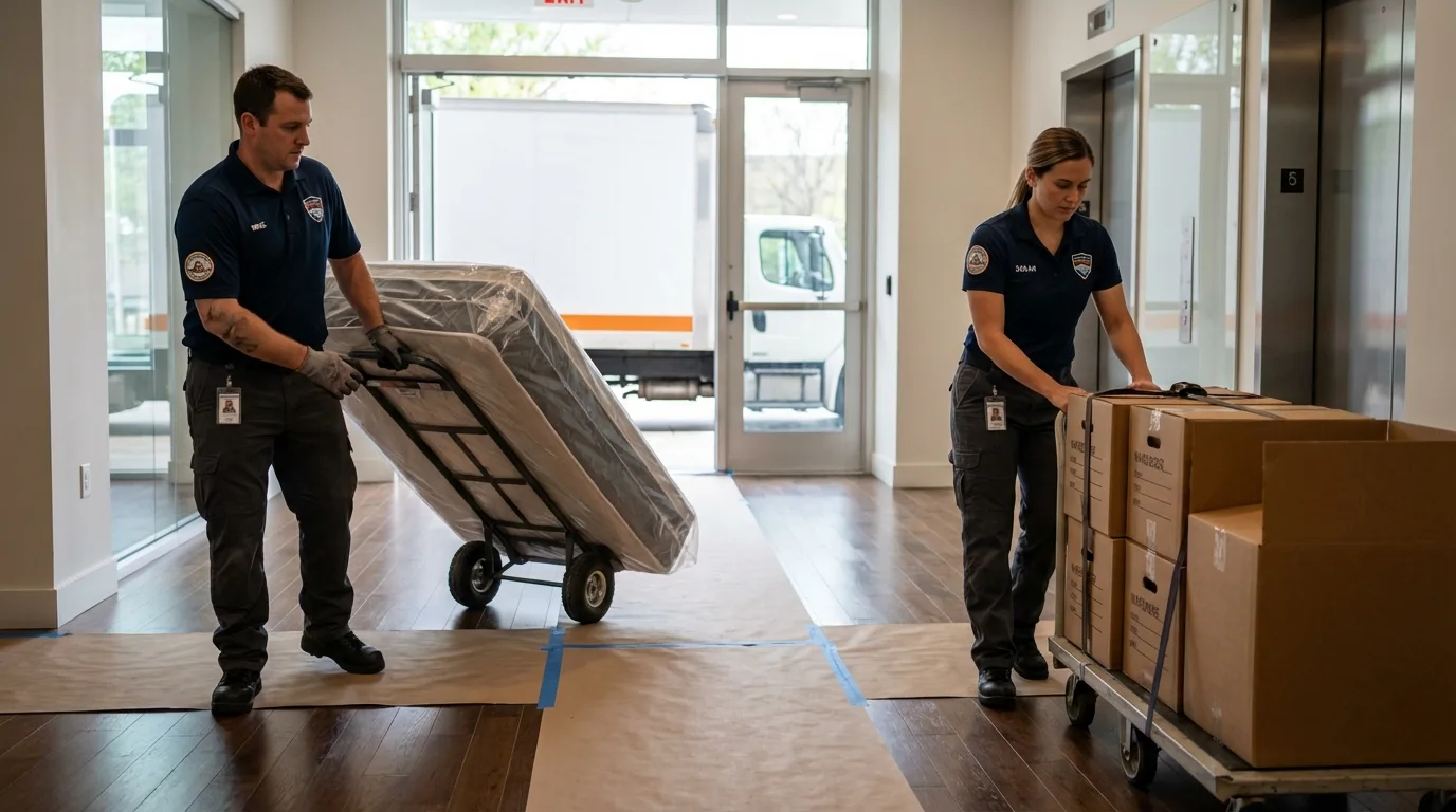 Professional apartment movers loading elevator in Arcanum, OH